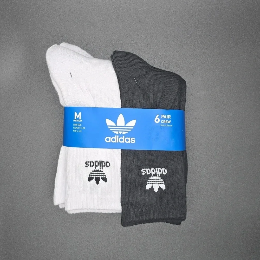 Size M Adidas Originals Trefoil Cushioned Crew Socks 6-Pack White/ Black